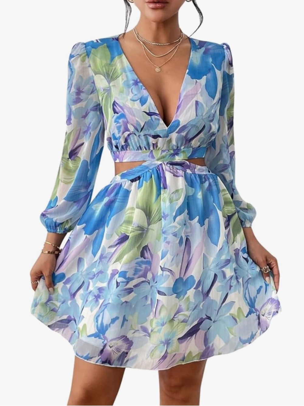 MakeMeChic Blue Floral V-Neck Lantern Sleeve Mini Dress